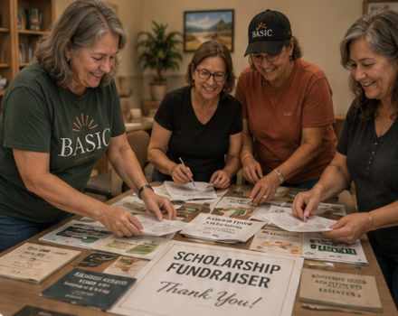 Four BASIC volunteers smiling as they sort scholarship fundraiser flyers around a table